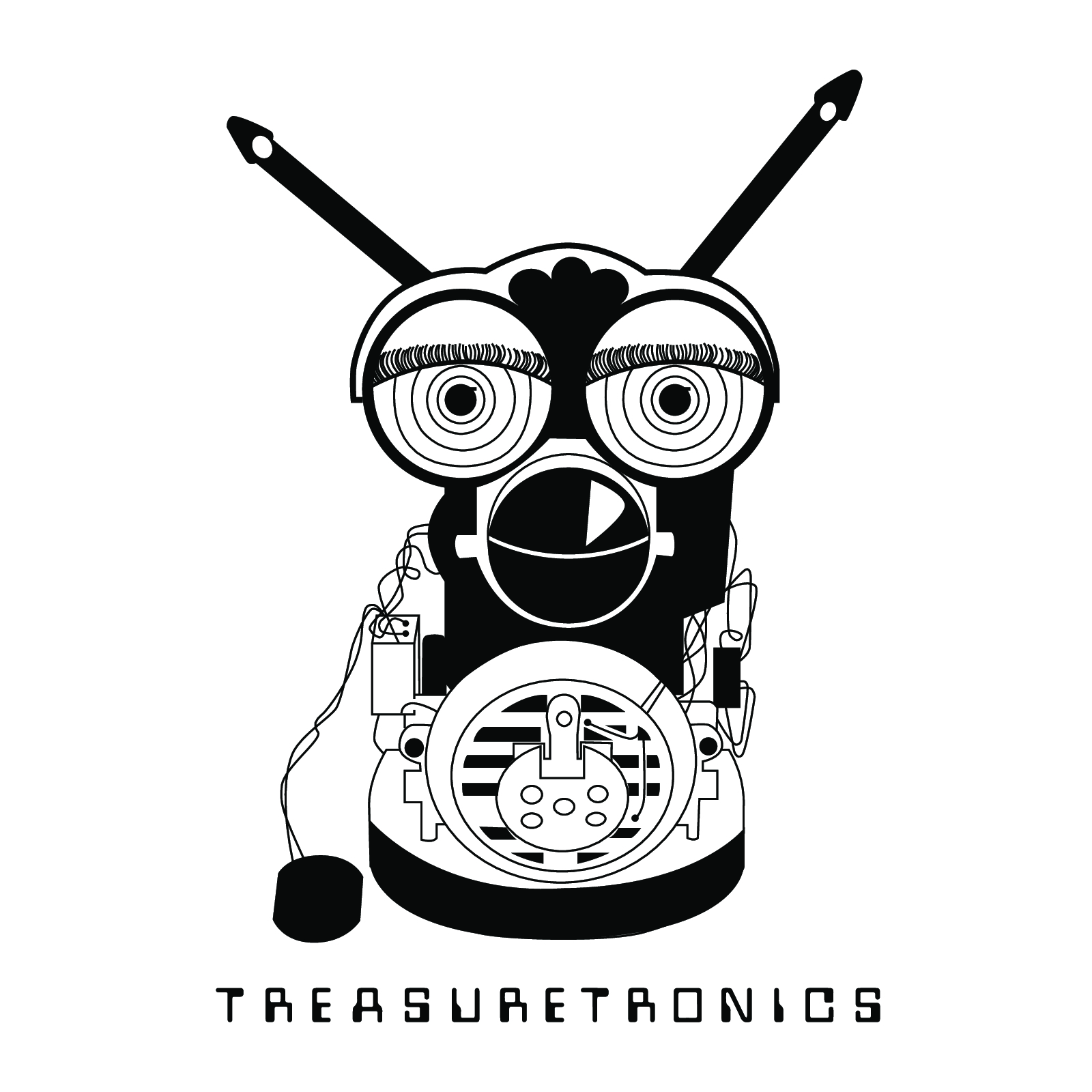 black and white graphic of deconstructed Furbie with the Treasuretronics logo underneath