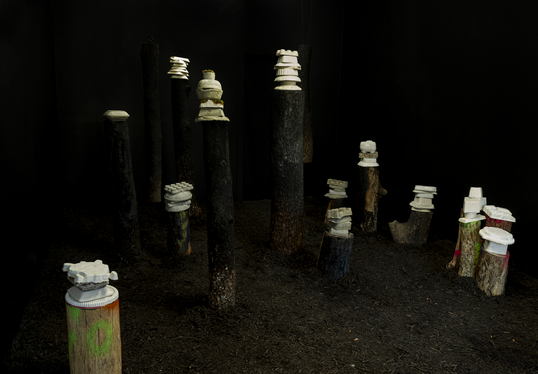 installation view: graffiti'd stumps in all black room with cast plastic objects on them
