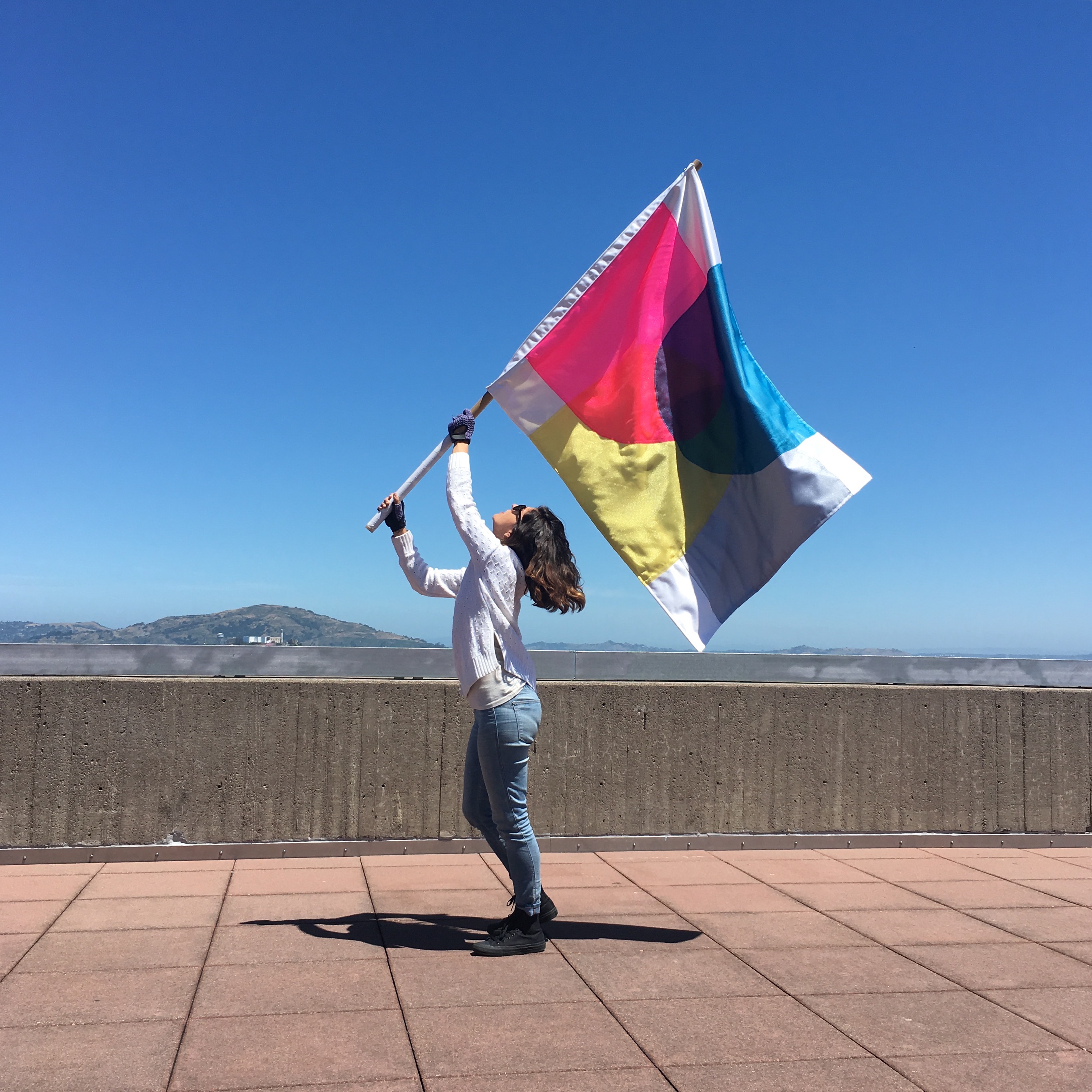 exhibition image: Cristina flying her 100 days flag in a cloudless sky