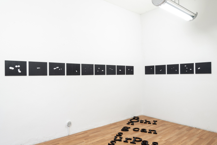 Exhibition installation: small black paintings hung in a line on a wall text on the floor