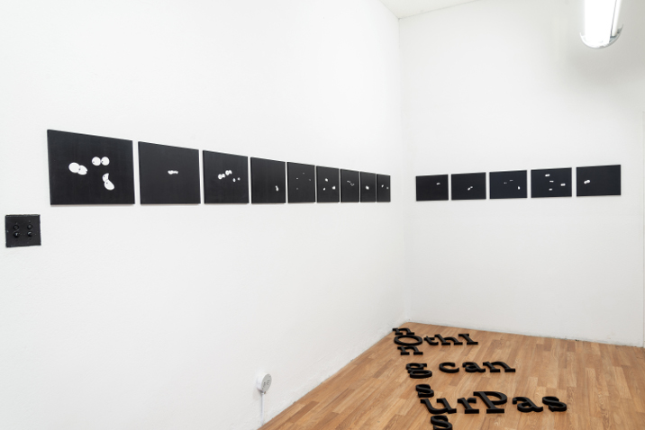 Exhibition installation: small black paintings hung in a line on a wall text on the floor