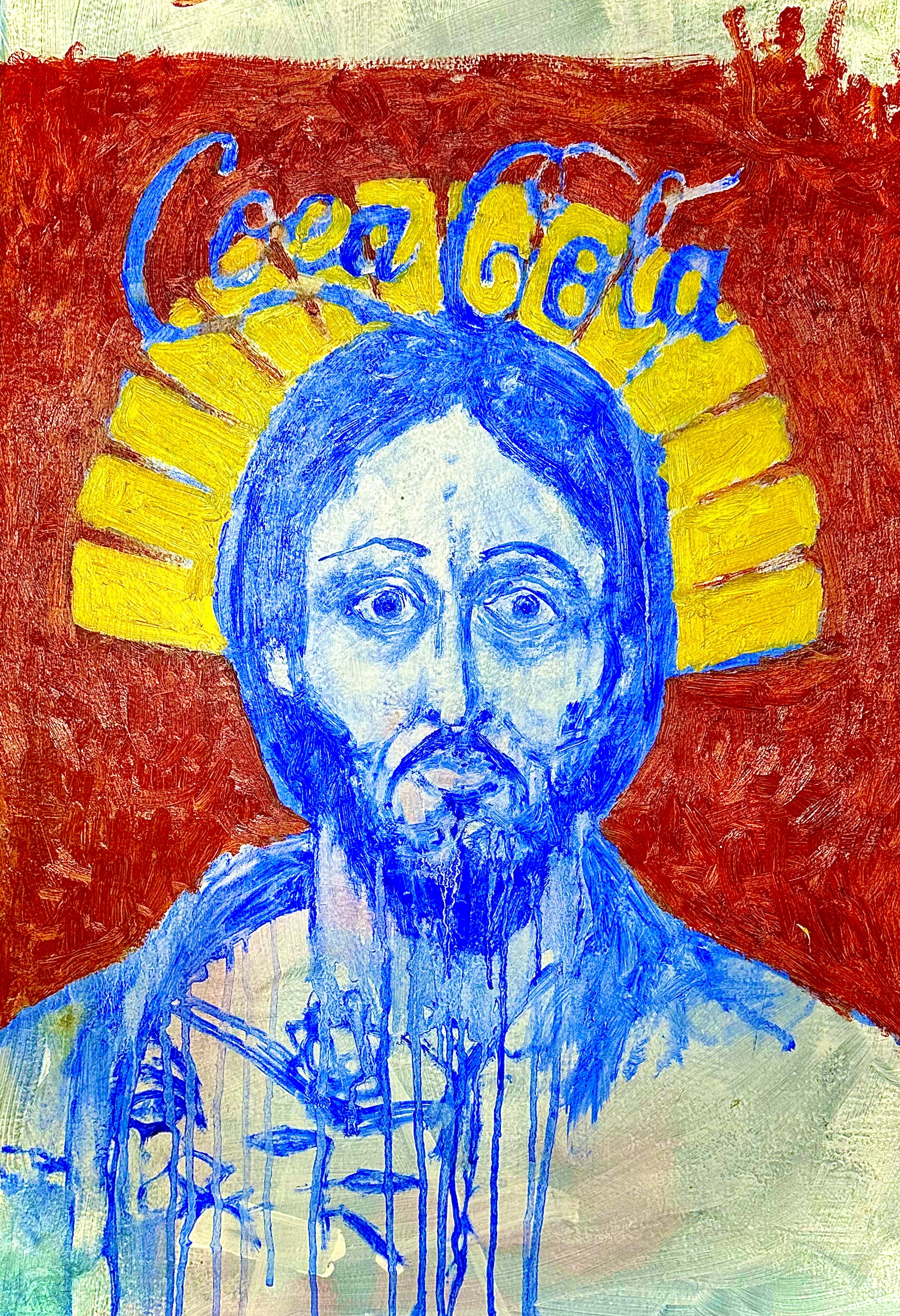 painted image in red and blue of bearded person